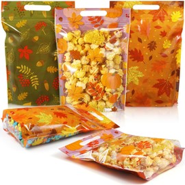 Resholder 60 Pcs Fall Treat Bags Bulk Plastic Autumn Candy Bags with Handle Pumpkin Maple Leaves Goodie Bags Thanksgiving Party Favor Gift Bags for Kids Autumn Harvest Birthday Party Supplies