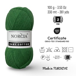 Norcia - Algodón para bebé, 55% algodón, 45% hilo acrílico, fino/deportivo (2) para ganchillo y tejer, hilo de amigurumi suave, 100 gr (361 yardas)