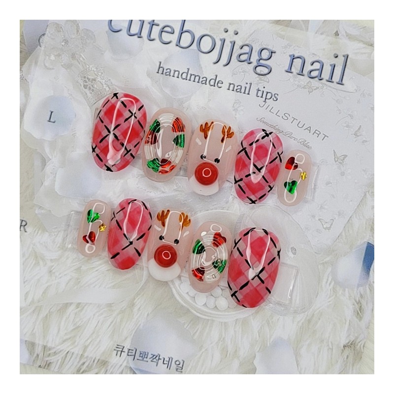 Christmas Rudolph handmade nail tips - Almond M / 크리스마스