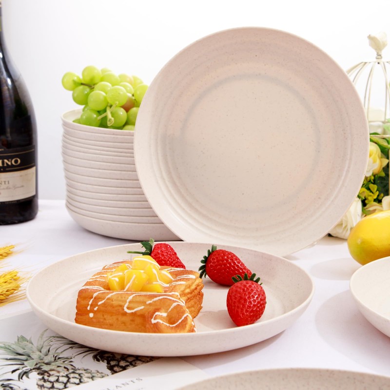 LIYH 20pcs Wheat Straw Plates 9Inch, Beige Reusable Plastic Plates,