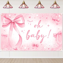 Avezano Bow Baby Shower Backdrop Banner Oh Baby Bow Baby Shower Decorations Coquette Photography Background for Newborn Baby Bowknot Gender Reveal Banner (Pink)