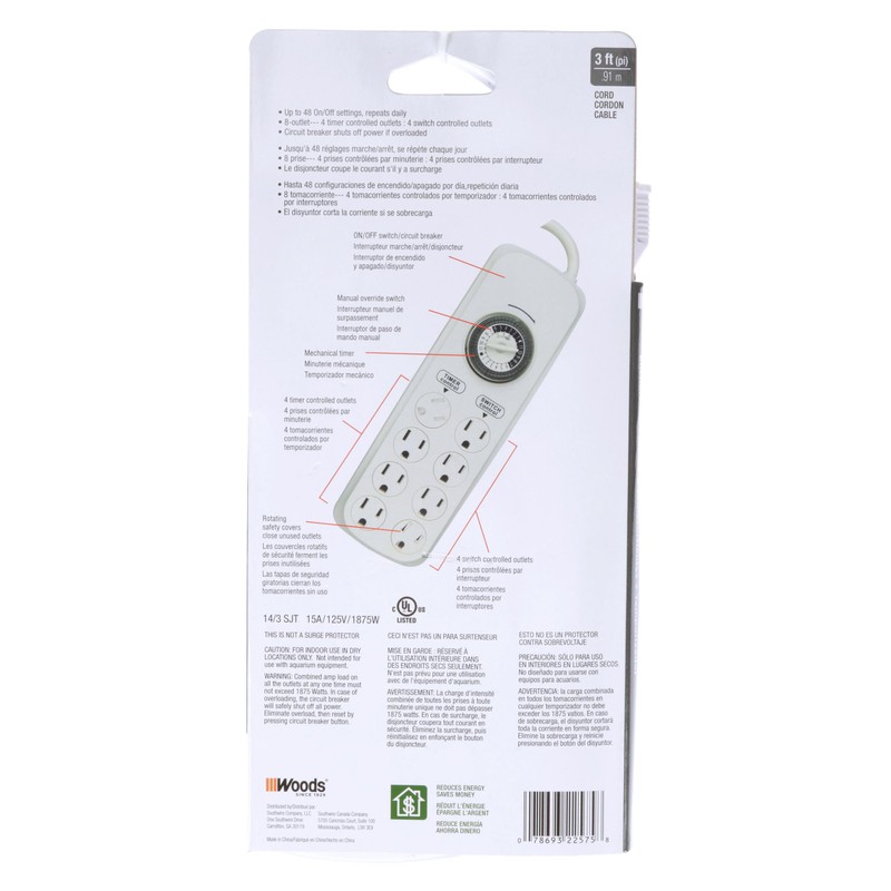 Woods 22575WD Indoor 8-Outlet Power Strip with Built-In Mechanical Timer;