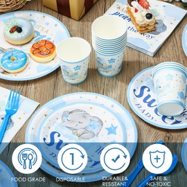 Dandat 350 Pcs Baby Shower Plates Set Baby Shower Party Supplies Serves 50 Tableware Sets Include Plates Napkin Cup Forks Knives Spoons Disposable Dinnerware for Boy Girl(Elephant)