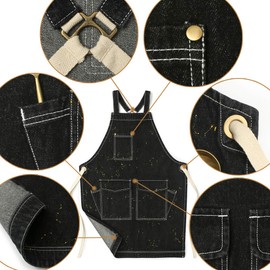 Jeanerlor - Denim Tool Aprons with Pockets for Women - Jean Work Black Shop Apron Cross Straps Adjustable S to M