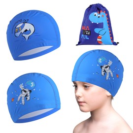 3 Pcs Kids Swimming Cap Set for Boys, Large Baby Waterproof Polyester Cartoon Swim Caps with Drawstring Backpack for Children, Teenager and Boys Aged 2-12 (Dolphins + Astronaut)