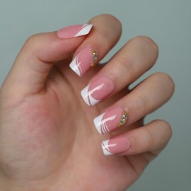 Press On Nails with Nail Glue, Fake Nails for Women Girls, Short Long Almond Square Ballet Shape Stick On Nails on 24PCS (French Line Diamond)