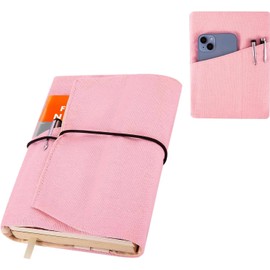 Kuskins Canvas Book Cover Sleeve, Adjustable Washable Book Protector, for Hardcover/Paperbacks with Pockets for Pen, Elastic Cord Binding, Soft Book Covers, Bookish Gifts for Book Lovers (Pink)