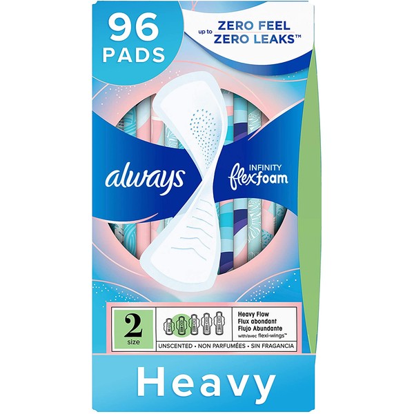 Always Infinity Feminine Pads for Women, Size 2, 96 Count, Heavy Absorbency, Unscented (32 Count, Pack of 3-96 Count Total)