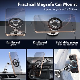 BPTAKOO Ultra Magnetic Long-Arm Phone Holder Stand, Fits for MagSafe Car Mount Bracket【Windshield+Vent+Dash】, 360° Rotation Adjustable Strong Magnet Car Mount Desk Office Phone Cradle Holder, Silver