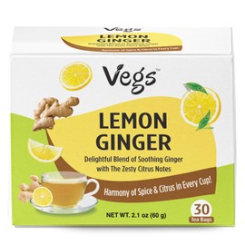 Vegs Lemon Ginger Tea Bags - Organic Ginger Lemon Herbal Tea Bags with Lemongrass Extract Blend - Soothing Ginger Taste with Zesty Citrus Notes - No Caffeine, Gluten Free, Vegan - 30 Tea Bags