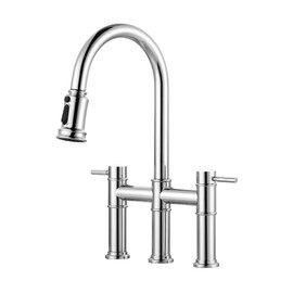 Bridge Kitchen Faucet with Pull Down Sprayer: Chrome Kitchen Sink Faucet 3 Holes 2 Handles with Supply Lines, 8.8 Inch Deck Mount Kitchen Sink Faucet with Sprayer for Kitchen