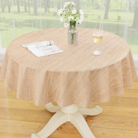 Smiry Round Table Cloth, Waterproof Vinyl Tablecloths with Flannel Backing, Wipeable Spillproof Plastic Wood Grain Table Cover for Dining, Indoor and Outdoor (Beige, 60" Round)