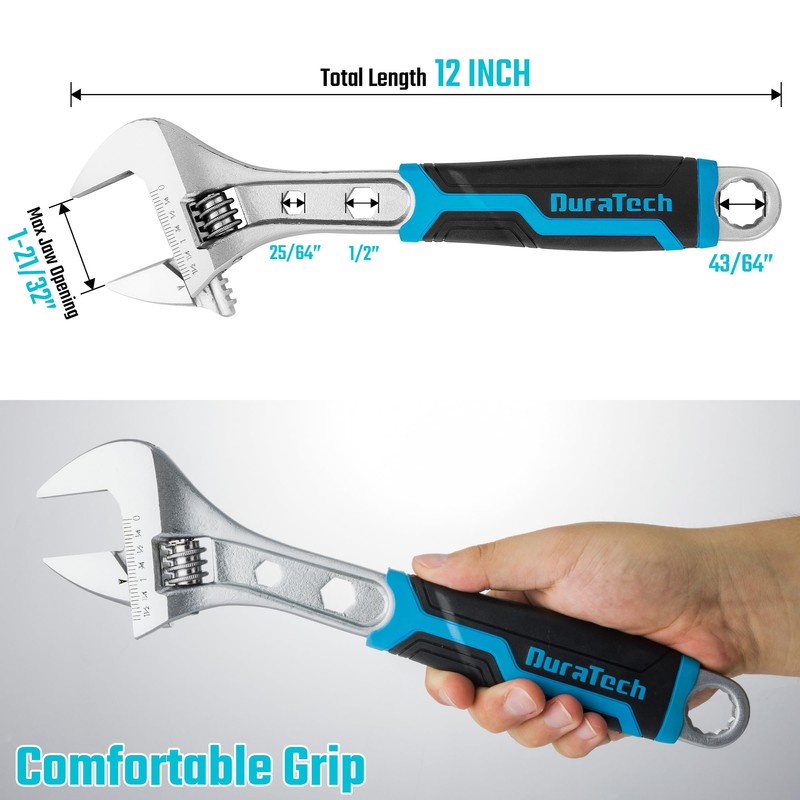 DURATECH 12 Inch Adjustable Wrench, 3-in-1 Spanner with Box End/Hex