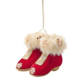 Widdop and Co. - The Seasonal Gift Co. - Red Velvet Pair Of Santa Boots Hanging Decoration Christmas Ornament. Red, Gold & White Xmas Homeware Indoor Festive Holiday Room Decor.