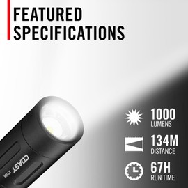 Coast XT30R 1000 Lumen Rechargeable LED Pocket Flashlight, 5 Light Modes with 2-Way Clip and Bite Caps Included