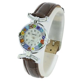 GlassOfVenice Murano Glass Millefiori Watch with Leather Band - Brown
