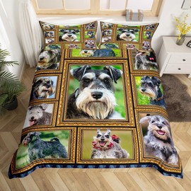 Feelyou Schnauzer Bedding Set King Size Cute Dog Puppy Comforter Cover Set for Kids Teens Adults Schnauzer Lover Gift Duvet Cover Dog Lover Bedspread Cover Room Decor 3Pcs with 2 Pillow Case