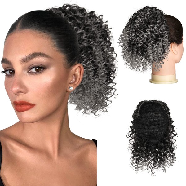 PEACOCO Drawstring Ponytails Ponytail Extension for Black Women, 6 Inch Curly Drawstring Ponytail Synthetic Hairpieces Short Afro Puff Ponytail Extensions with 2 Clips