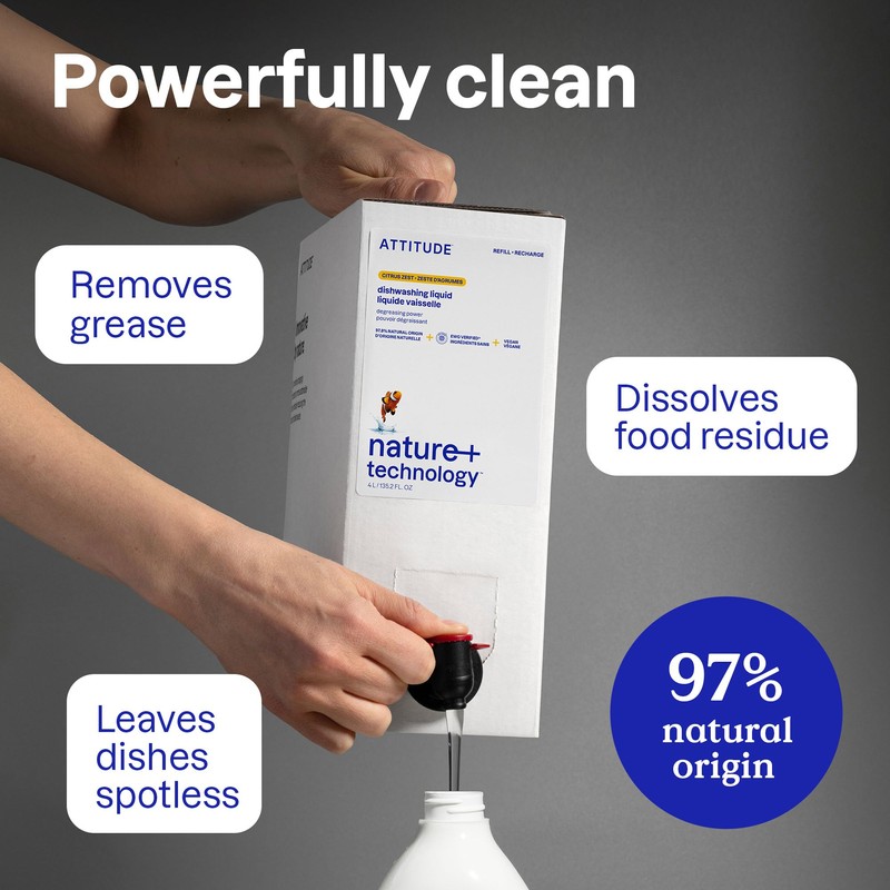 ATTITUDE Dish Soap Refill, EWG Verified, Plant-Based & Vegan Dishwashing