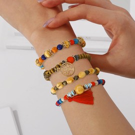 Evlry Bohemian Wooden Bead Bracelets for Women, Multilayer Stretch Tassel Bracelet Set, Tree of Life Charm, Love Statement Bangles for Girls, Plastic