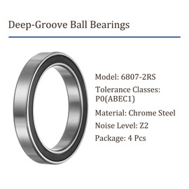 Kozelo Pack of 4 6807-2RS deep groove ball bearings, 35 mm bore x 47 mm outer diameter x 7 mm thickness, double sealed P0 bearing for transmission, conveyor belts, chrome steel, Z2