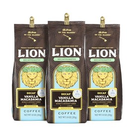 Lion Coffee 3-Pack DECAF Vanilla Macadamia Flavored Ground Coffee, Swiss Water DECAF Light Roast, Hawaiian Inspired Taste - 10 Ounce Bags (Pack of Three)
