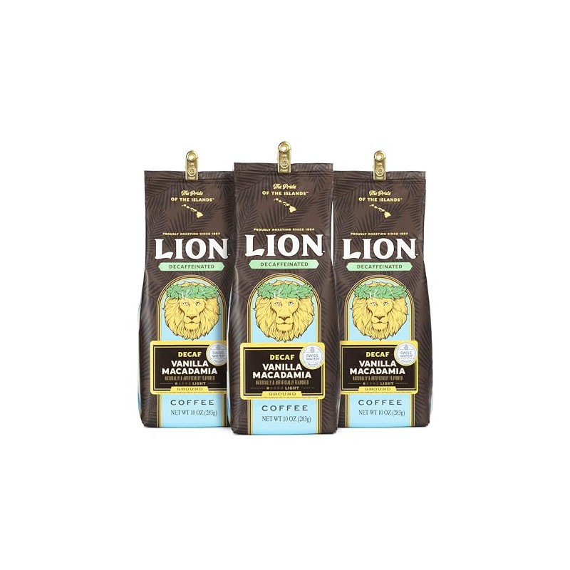 Lion Coffee 3-Pack DECAF Vanilla Macadamia Flavored Ground Coffee, Swiss