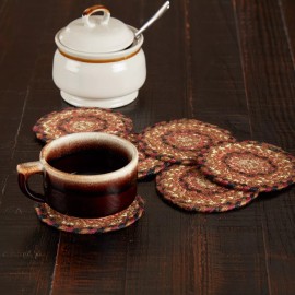 VHC Brands Ginger Spice Jute Coaster Set of 6 Country Primitive Rustic Terra Cotta Burgundy
