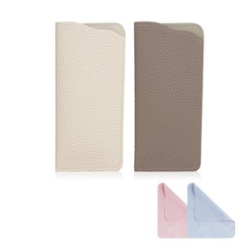 AfitLulu 2PCS Soft Glasses Case, Glasses Pouch with 2 Glasses Cloths Included, PU Leather Solid Color Simple Glasses Sleeve (White+Grey)