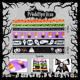 Estivaux 6 PCS Halloween Crafting Ribbons, 4/5" & 3/8" Width, Black & Purple Satin, Ghost & Bat Designs for Gift Wrapping & Decorations