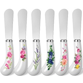 Yiyiring 6 Pack Cheese Spreaders bulk 4.95" Stainless Steel Butter Knife with Ceramic Handle for Jam, Pastry, Butter Knife - Holiday Silverware & Festive Kitchen Cutlery(Flowers)