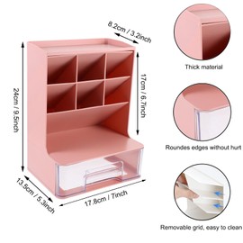 SAMSYOKI Pen Holder Organiser Multifunctional Desk Organiser 6 Compartments Pen Holder Box with Drawer Pen Holder Storage Box Pen Holder for Office Home Supplies Cosmetics (Pink)