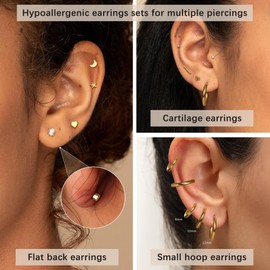 Minnario Hypoallergenic Surgical Steel Earrings for Women Men 14K Gold Plated Star Pearl Ball CZ Flat Back Cartilage Helix Earring Sets, Gold