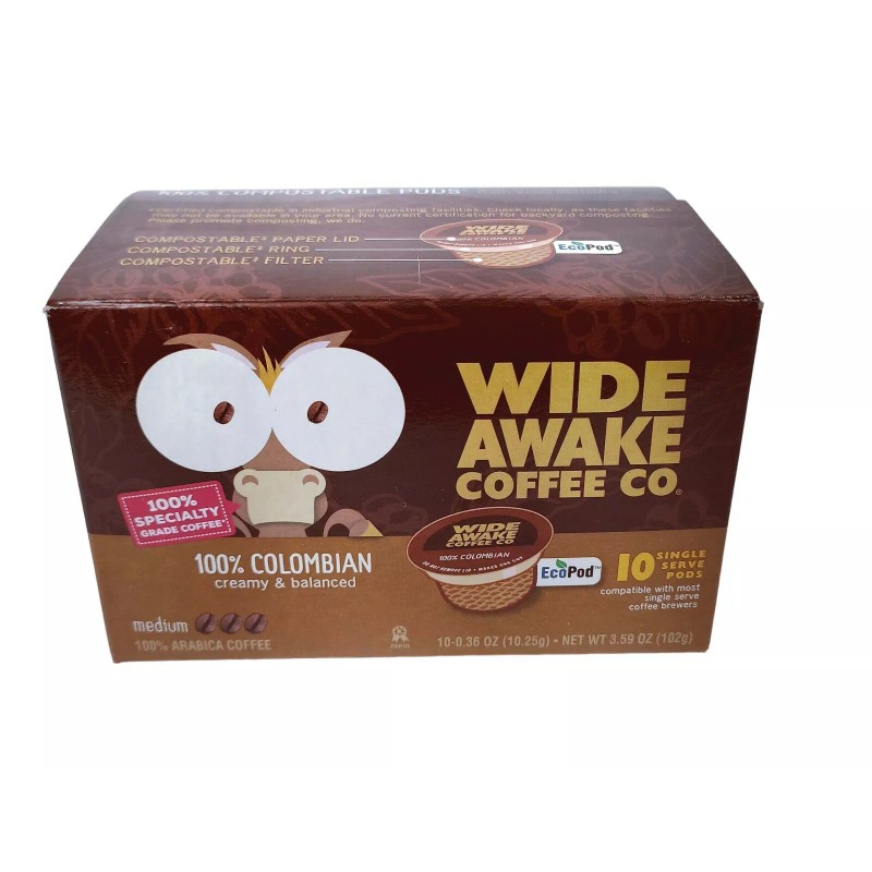Wide Awake Coffee Pods 10-Pk 100% Colombian Creamy Balanced, K