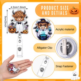 Huquary 6 Pcs Halloween Ghost Highland Cow Badge Reel with Clip Retractable ID Card Badge Holder for Nurse Paramedic Medical Worker Nursing Student Teacher Office Worker