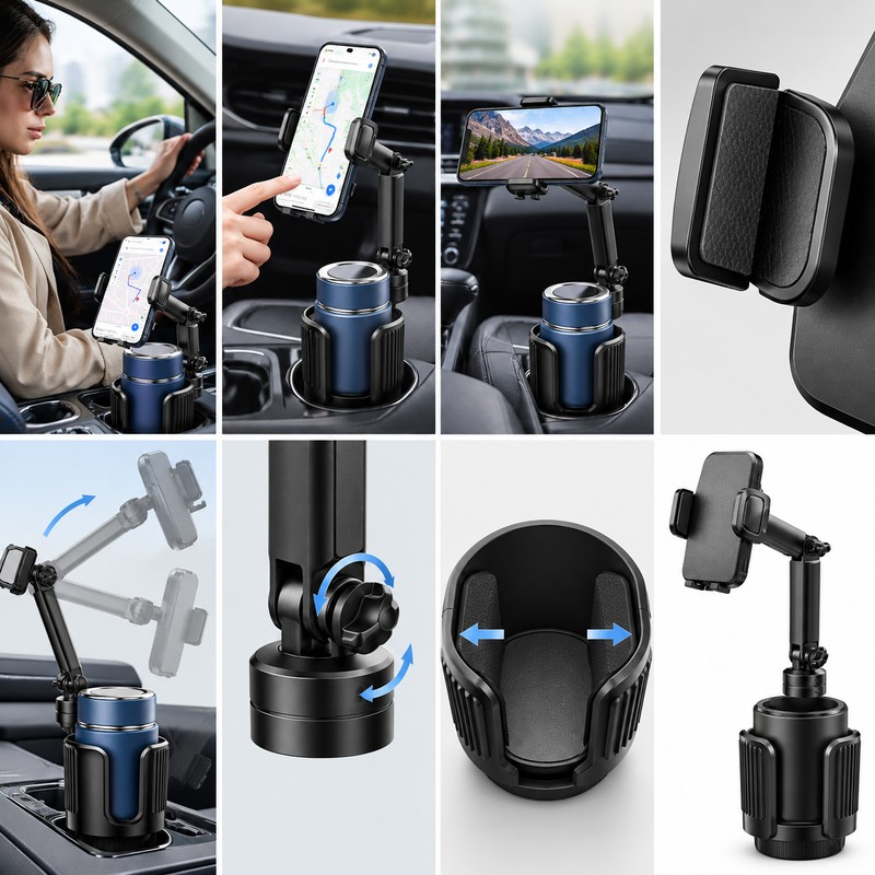 Car Cup Holder Phone Mount – Adjustable Long Arm, 360°