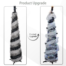 5FT Pop-Up Christmas Tree with 10-inch X 1.6 Feet Metallic Mesh Ribbon, Multi-Color 50 LED String Lights，10 Decorative Balls for DIY, Ideal for Indoor/Outdoor Christmas Decoration