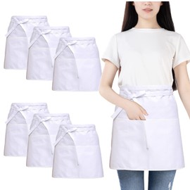 FunChaos 6 Pieces Waist Apron, Waiter's Apron with 3 Pockets, Waterproof Half Apron for Men and Women, Cooking Apron for Cooking, Cleaning, Painting, Gardening, Bistro, Restaurant (White)
