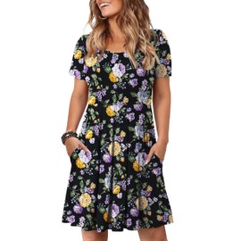 Tralilbee Women's Short Sleeve Pleated Loose Swing Casual Dress with Pockets Knee Length, Color379, 3XL