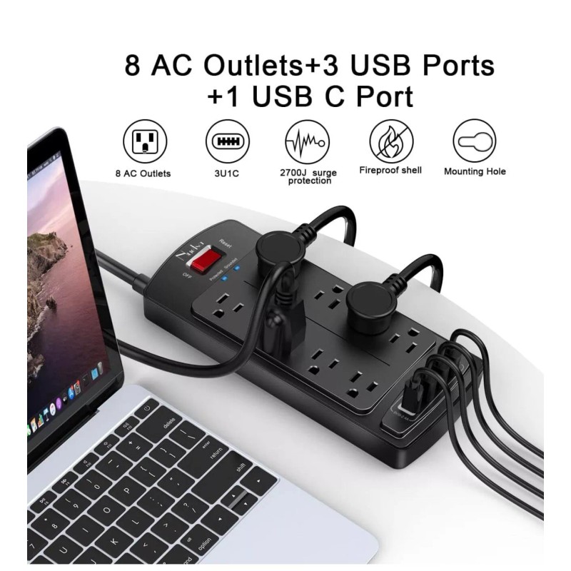 Nuetsa Surge Protector, Power Strip, USB Charging, 8 Outlet, 6