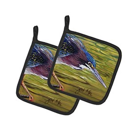 Caroline's Treasures JMK1226PTHD Green Heron Pair of Pot Holders Kitchen Heat Resistant Pot Holders Sets Oven Hot Pads for Cooking Baking BBQ, 7 1/2 x 7 1/2