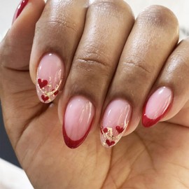 Short Almond Valentines Press on Nails Glossy Red French Tips False Nails Gold Foil Stick on Nails Red Love Heart Acrylic Fake Nail Romantic Gift Gel Glue on Nails for Coquette Women Girls 24Pcs