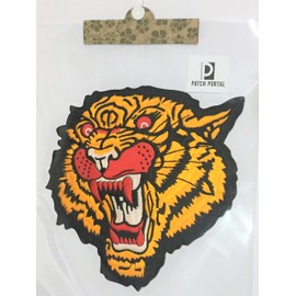 Patch Portal the Roaring Tiger Head Large Patches 9 Inches Iron on Xxl Silk Embroidered Trendy Big Cat Predator Animal Wildlife Striped Bengal Embroidery Applique Badge for Jacket Backpack Cloth Shirt