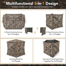 Tangkula 3-in-1 Hunting Blind for 2-4 Person, 360 Degree See Through Ground Blind with Skylight, Silent Slide Windows, Rainfly, Portable Pop Up Deer Blind for Turkey Duck Hunting, Camouflage