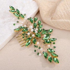Teyglen Bridal Green Crystal Hair Comb Sparkly Rhinestone Headpiece with Pearl Wedding Hair Comb for Bride Wedding Hair Accessories for Women Headdress Jewelry(Green)
