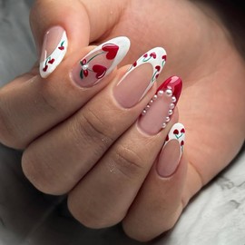 24 Pcs French Press on Nails Medium Almond Fake Nails Nude Pink False Nails Pearl Press ons Nails Cute Cherry Designs Reusable Acrylic Nails for Women Nail Art Decor