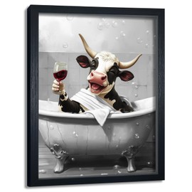 Framed Bathroom Wall Decor, Funny Cow Bathroom Wall Art Farmhouse Canvas Print, Black and White Cow Pictures Framed Animal Painting Print Artworks