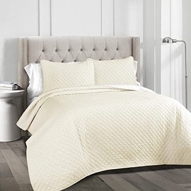 3-Piece Classic Diamond Stitch Oversized 100% Cotton Quilt Set King Size | Modern Contemporary Geometric Pattern Pretty Ivory Half White Solid Color | Reversible Soft Cozy Country Shabby Chic Bedding