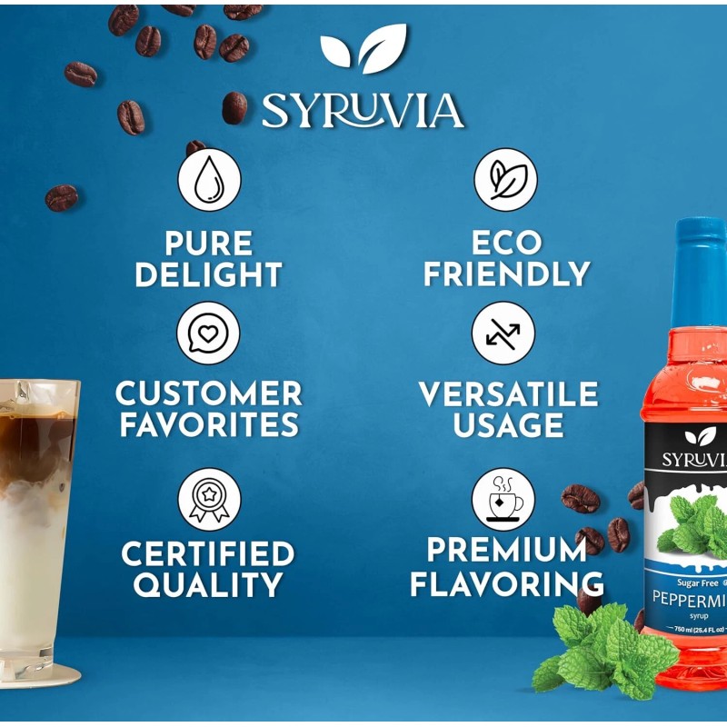 Syruvia Sugar Free Peppermint Syrup 25.4 fl oz, for Coffee,