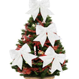 Skystuff 4Pcs Christmas Bows for Tree, White Bows Christmas Bows Christmas Tree Decorations Gift Bows for Presents Christmas Tree Fireplace Wreath Garland Party Supplies (6.7x7 inches)
